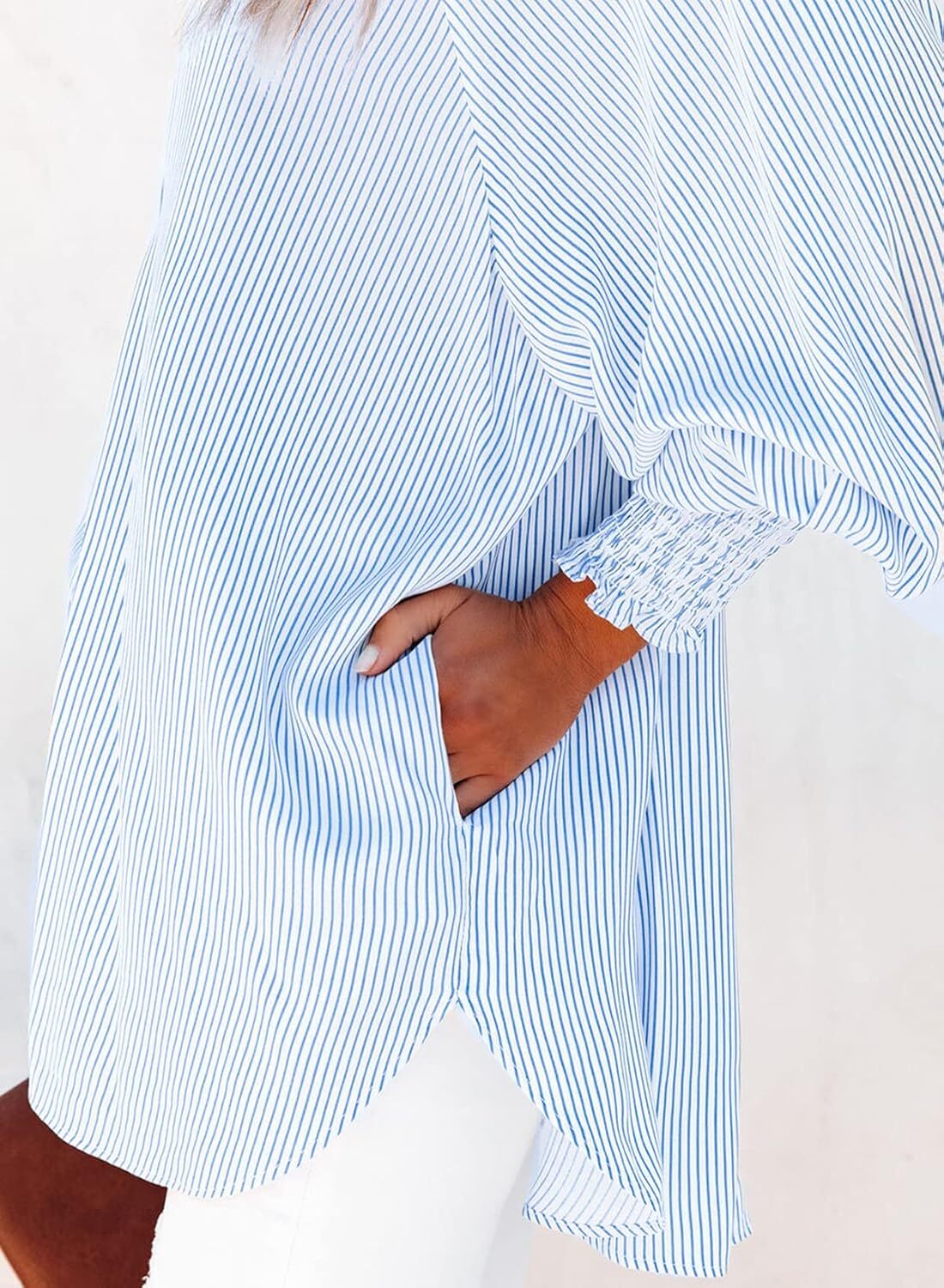 2026 ItemWomen's pleated cuffs striped shirt with pockets and casual collar