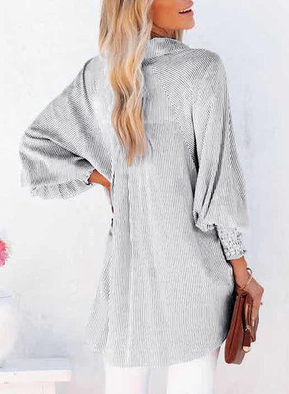 2026 ItemWomen's pleated cuffs striped shirt with pockets and casual collar
