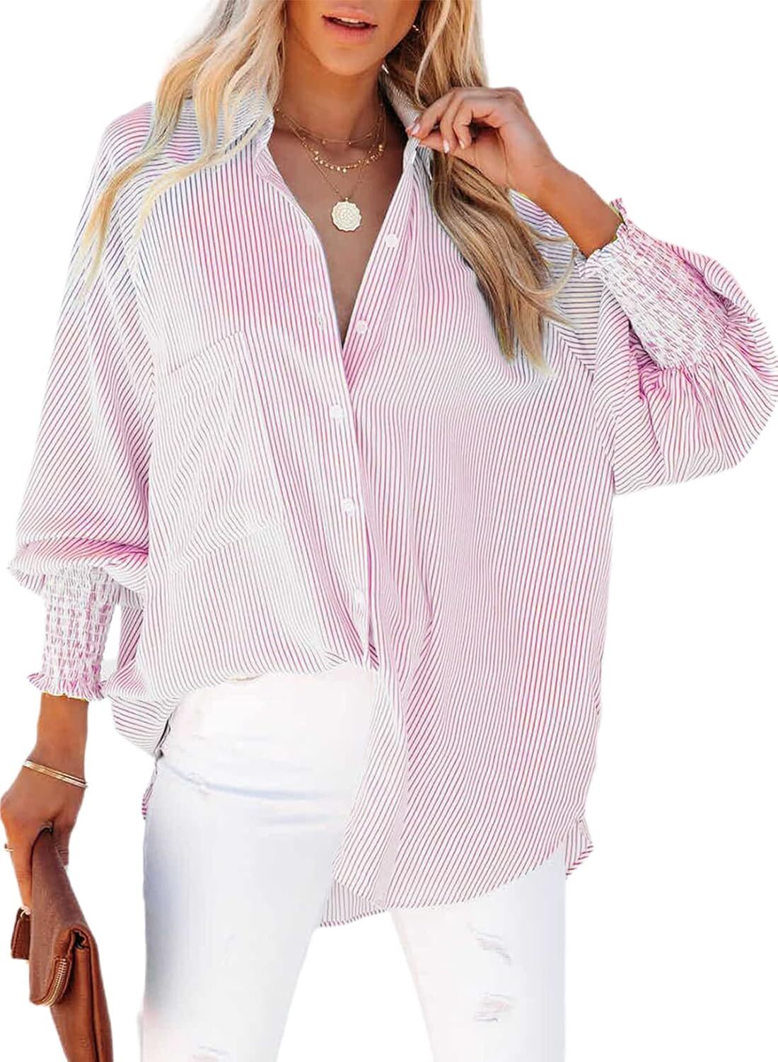 2026 ItemWomen's pleated cuffs striped shirt with pockets and casual collar