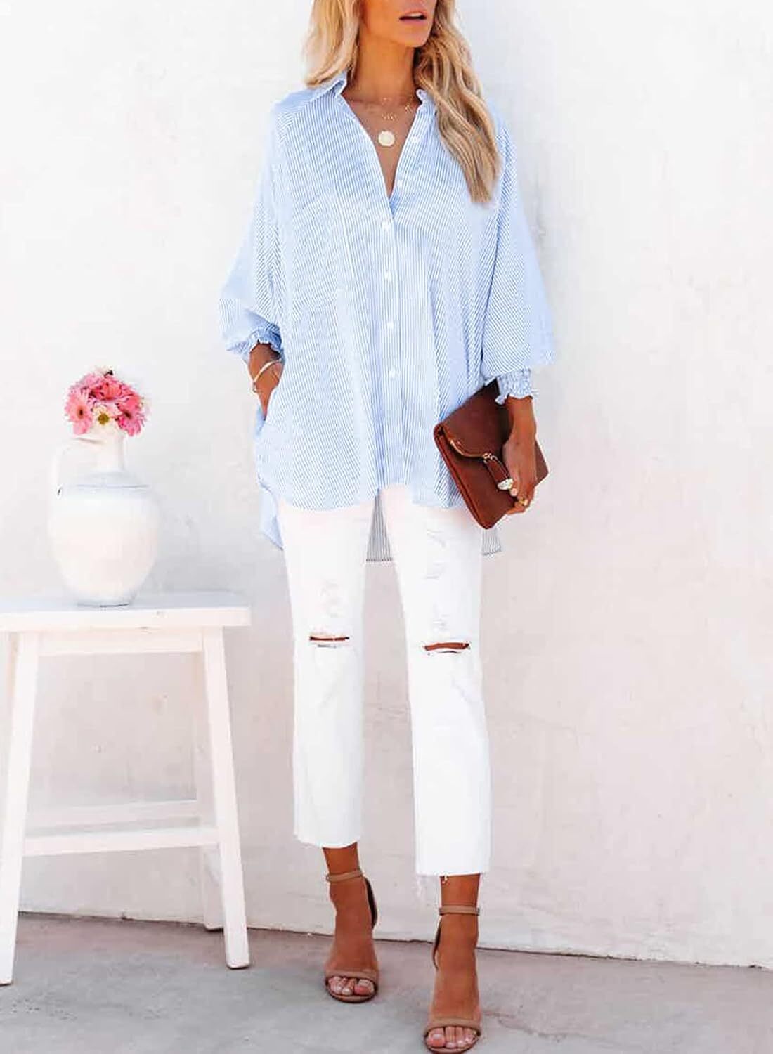 2026 ItemWomen's pleated cuffs striped shirt with pockets and casual collar