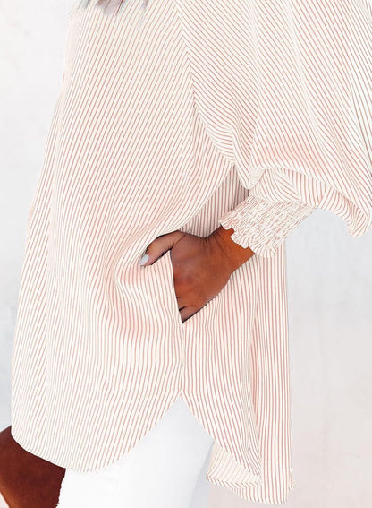 2026 ItemWomen's pleated cuffs striped shirt with pockets and casual collar