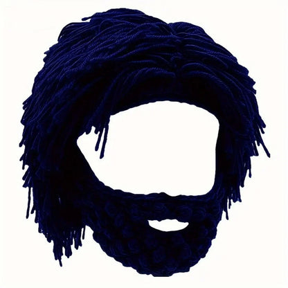 Acrylic Punk Style Beanie with Attached Straight Hair Wig and Knitted Beard