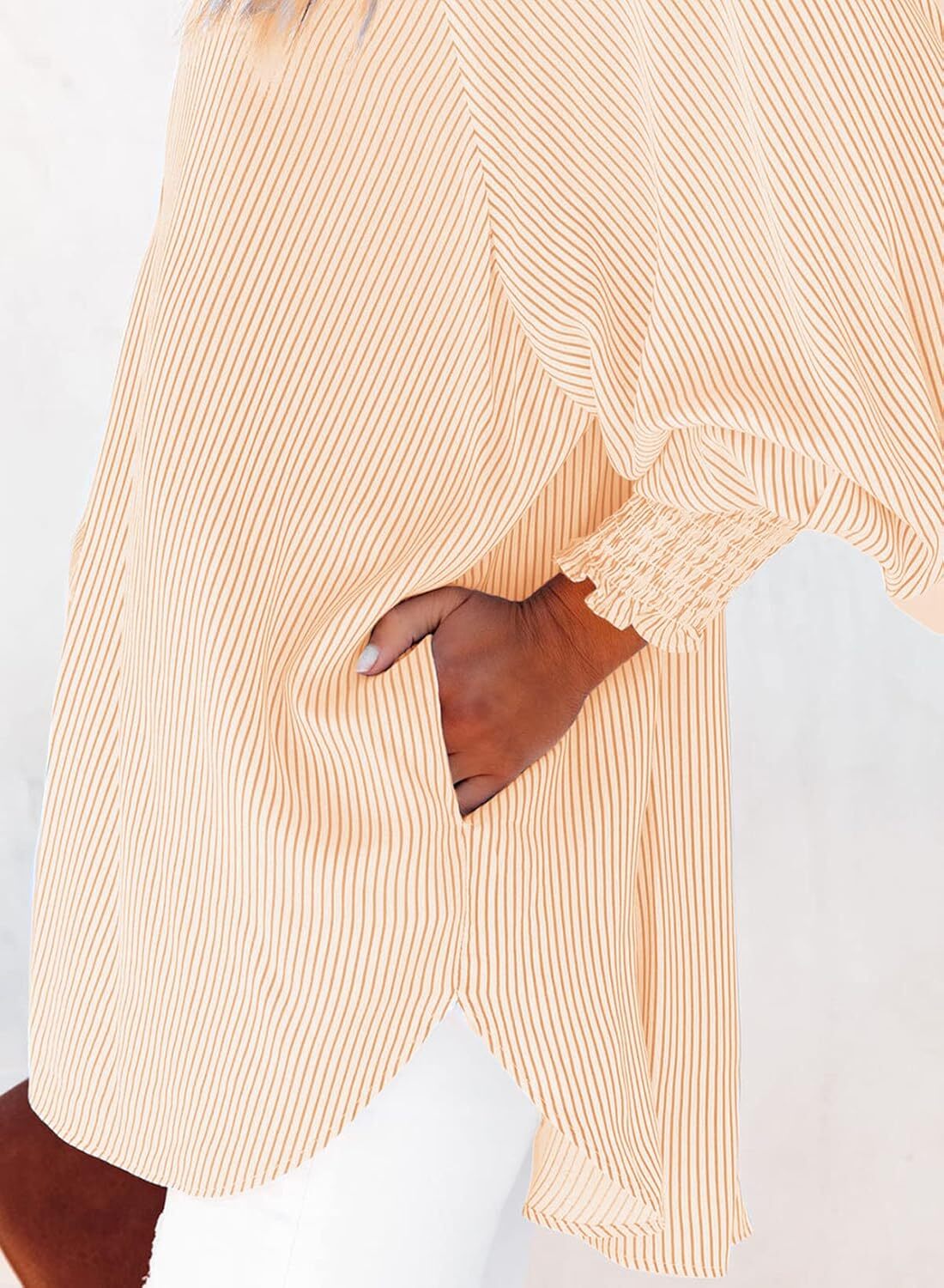 2026 ItemWomen's pleated cuffs striped shirt with pockets and casual collar