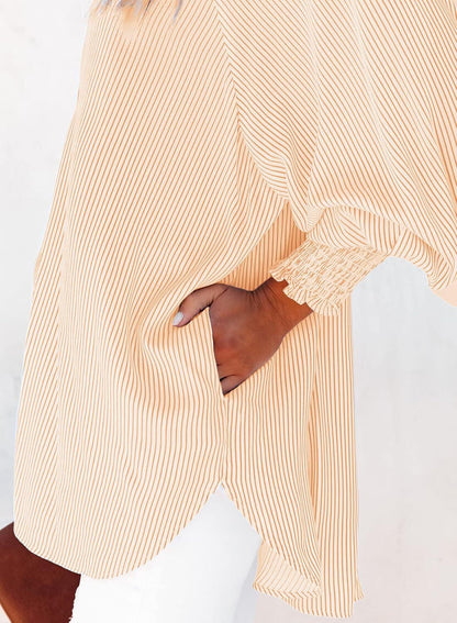 2026 ItemWomen's pleated cuffs striped shirt with pockets and casual collar