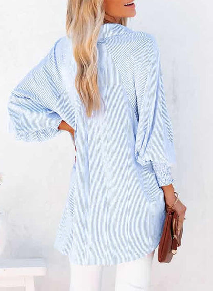2026 ItemWomen's pleated cuffs striped shirt with pockets and casual collar