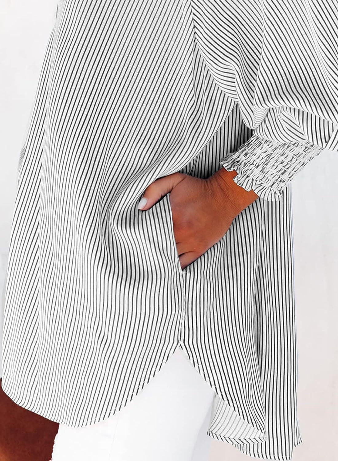 2026 ItemWomen's pleated cuffs striped shirt with pockets and casual collar