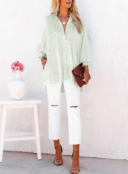 2026 ItemWomen's pleated cuffs striped shirt with pockets and casual collar