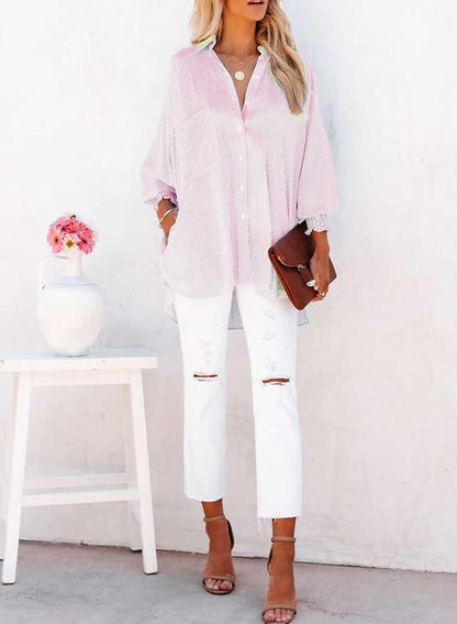 2026 ItemWomen's pleated cuffs striped shirt with pockets and casual collar