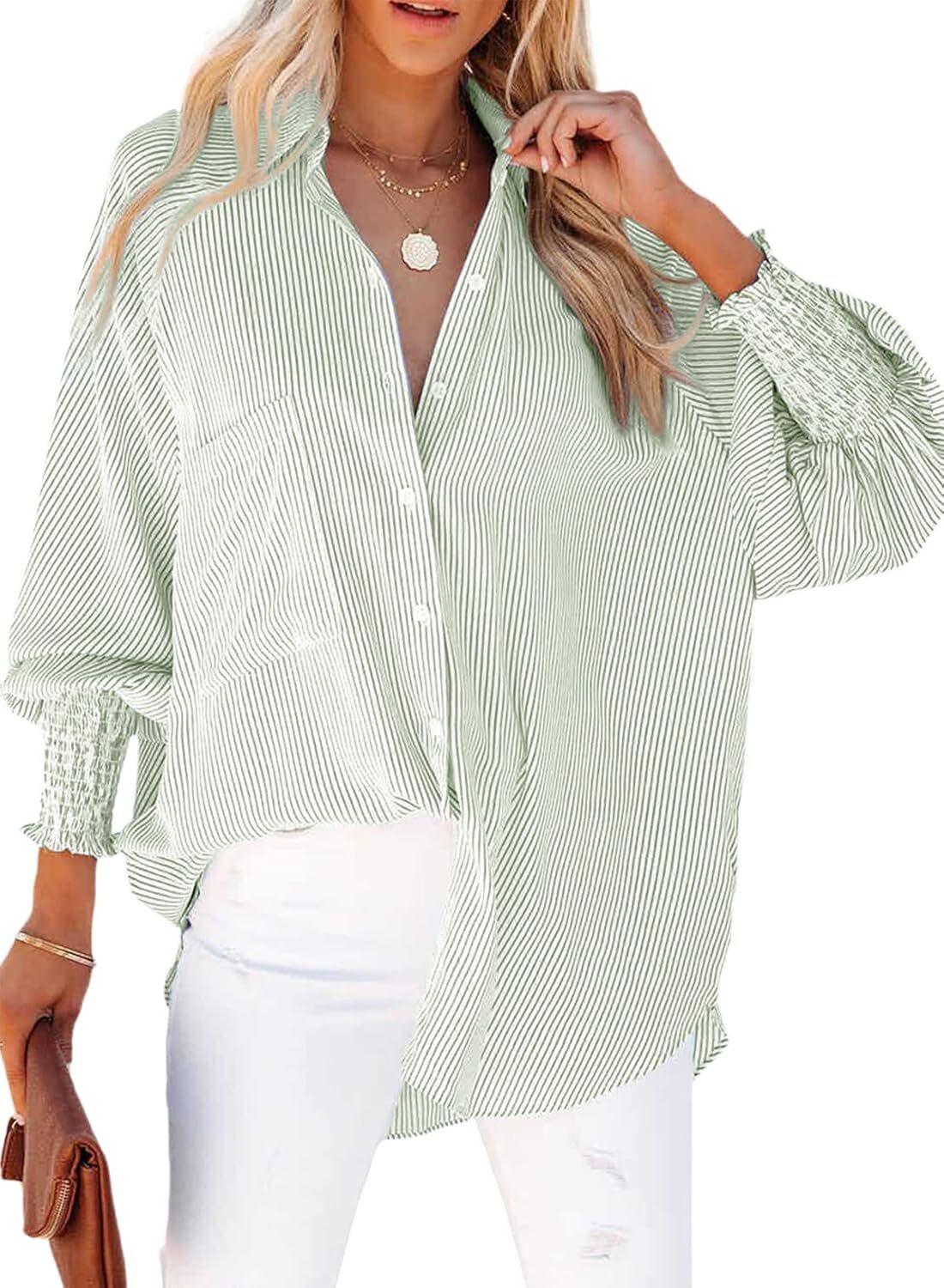 2026 ItemWomen's pleated cuffs striped shirt with pockets and casual collar