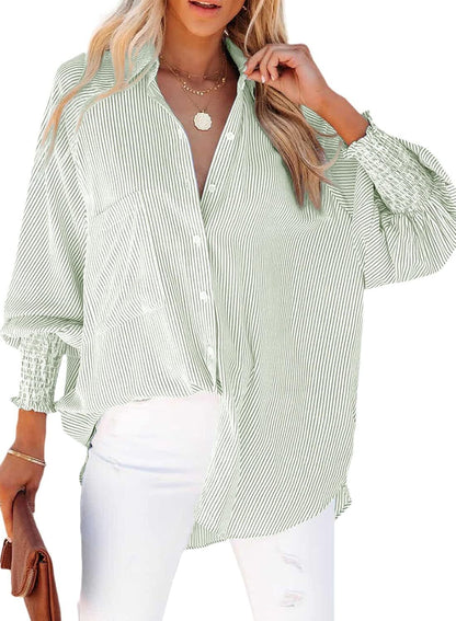 2026 ItemWomen's pleated cuffs striped shirt with pockets and casual collar