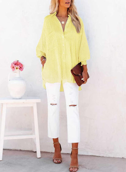 2026 ItemWomen's pleated cuffs striped shirt with pockets and casual collar