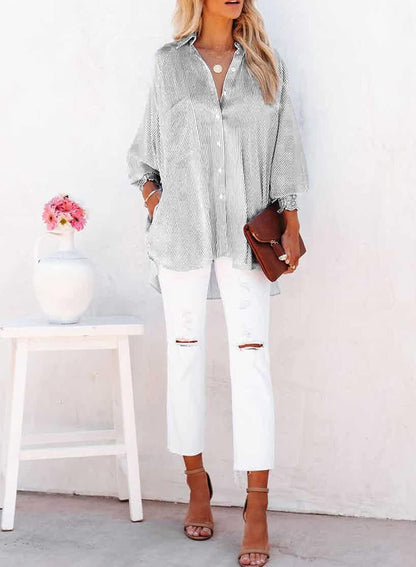 2026 ItemWomen's pleated cuffs striped shirt with pockets and casual collar