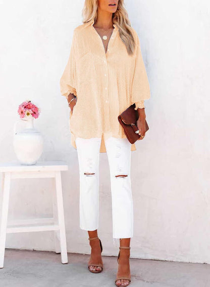 2026 ItemWomen's pleated cuffs striped shirt with pockets and casual collar
