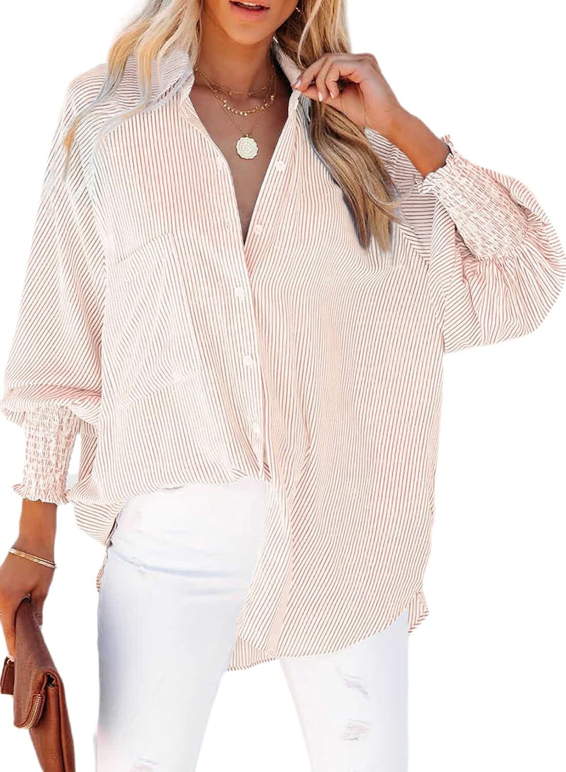 2026 ItemWomen's pleated cuffs striped shirt with pockets and casual collar
