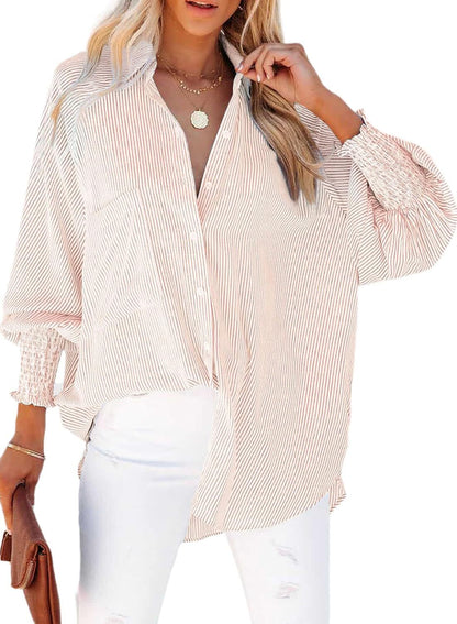2026 ItemWomen's pleated cuffs striped shirt with pockets and casual collar