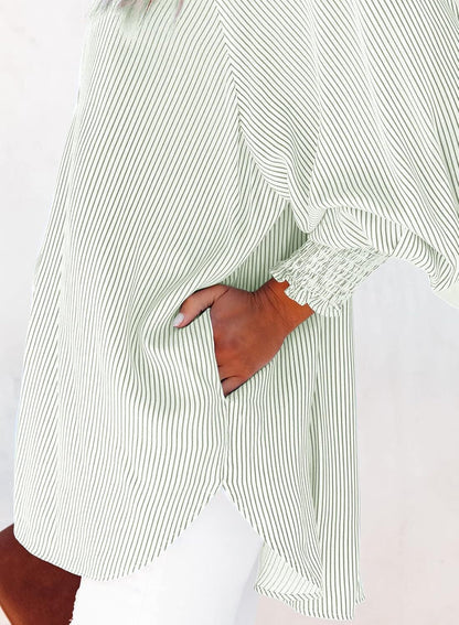 2026 ItemWomen's pleated cuffs striped shirt with pockets and casual collar