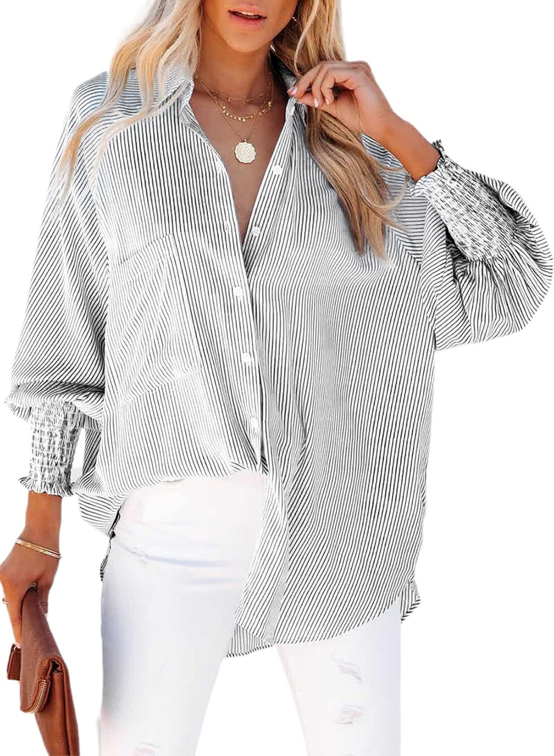 2026 ItemWomen's pleated cuffs striped shirt with pockets and casual collar