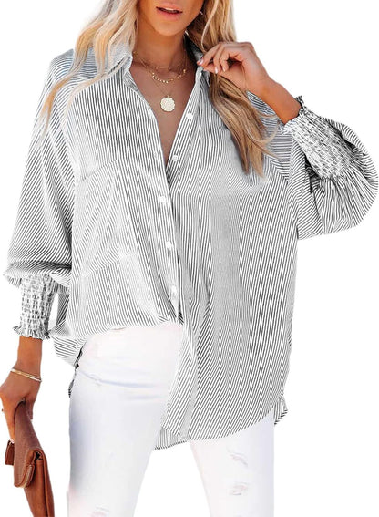 2026 ItemWomen's pleated cuffs striped shirt with pockets and casual collar