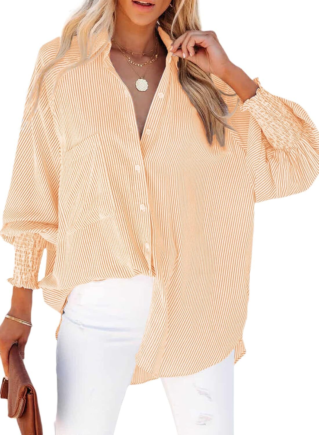 2026 ItemWomen's pleated cuffs striped shirt with pockets and casual collar