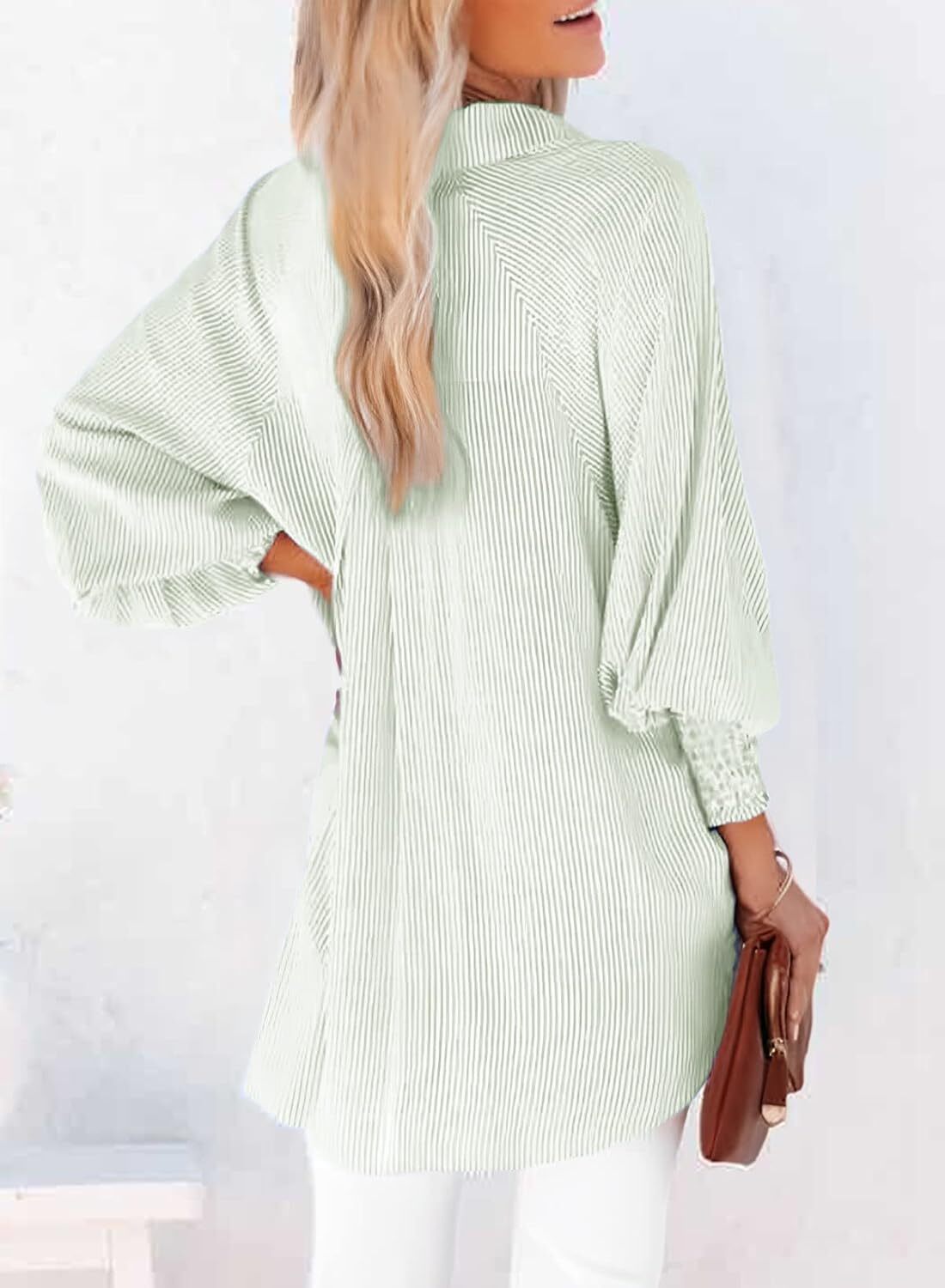 2026 ItemWomen's pleated cuffs striped shirt with pockets and casual collar