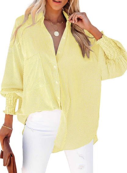 2026 ItemWomen's pleated cuffs striped shirt with pockets and casual collar
