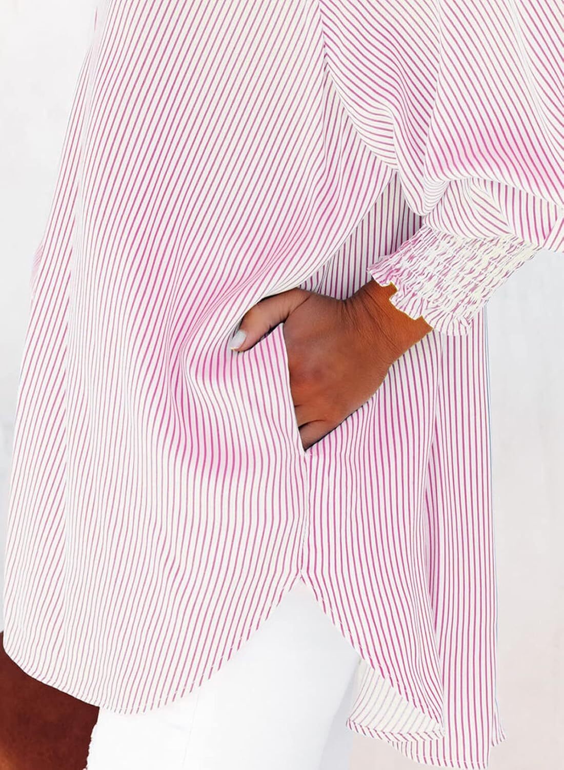 2026 ItemWomen's pleated cuffs striped shirt with pockets and casual collar