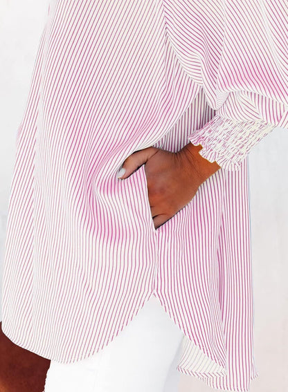2026 ItemWomen's pleated cuffs striped shirt with pockets and casual collar