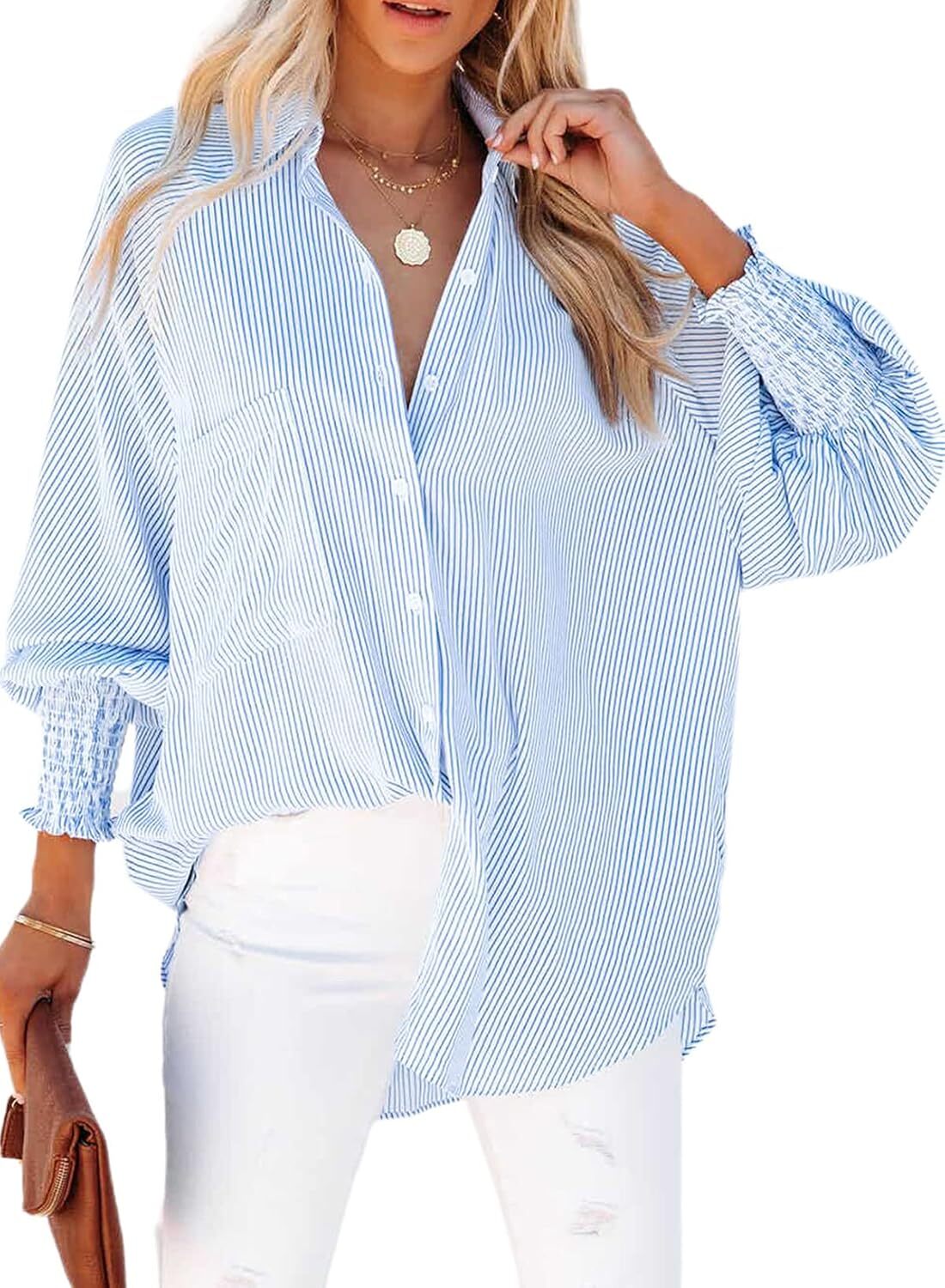 2026 ItemWomen's pleated cuffs striped shirt with pockets and casual collar