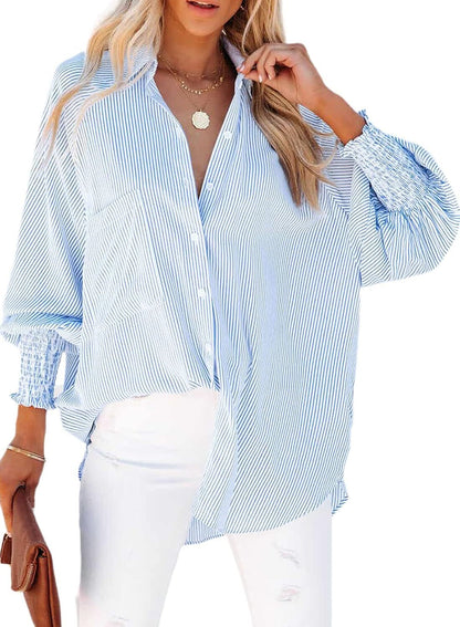 2026 ItemWomen's pleated cuffs striped shirt with pockets and casual collar