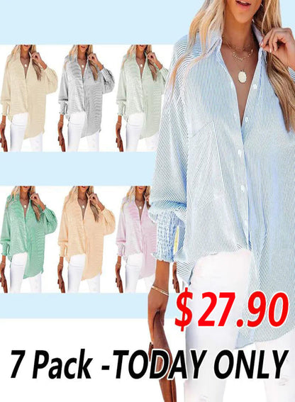 2026 ItemWomen's pleated cuffs striped shirt with pockets and casual collar